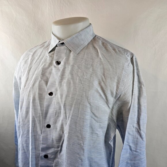 Vince Shirt Mens Large Gray Blue Striped Button Up Linen Cotton Ombre Preppy - Picture 4 of 10